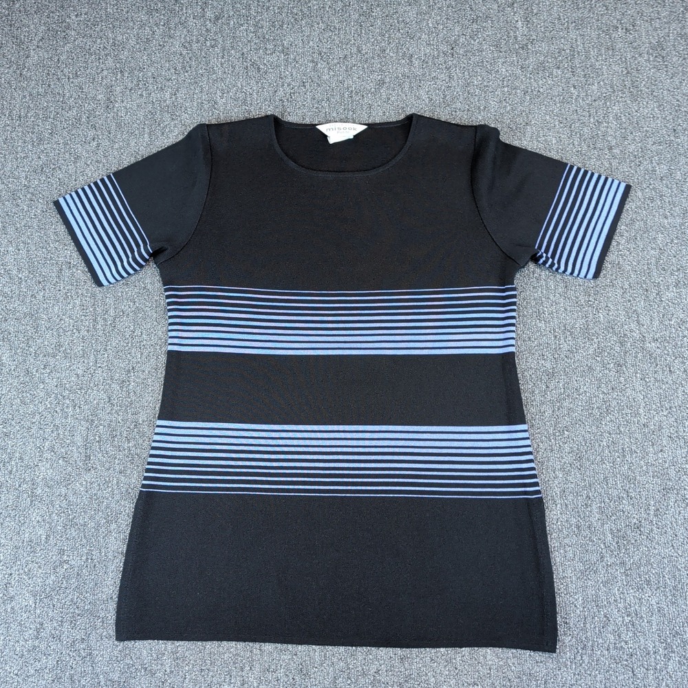 Misook Vintage Quiet Luxury Striped Preppy Knitwear Top Women Small Black Blue‎